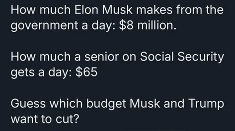 A dark background image displays three lines of white text comparing daily government payouts: Elon Musk's $8 million, a…