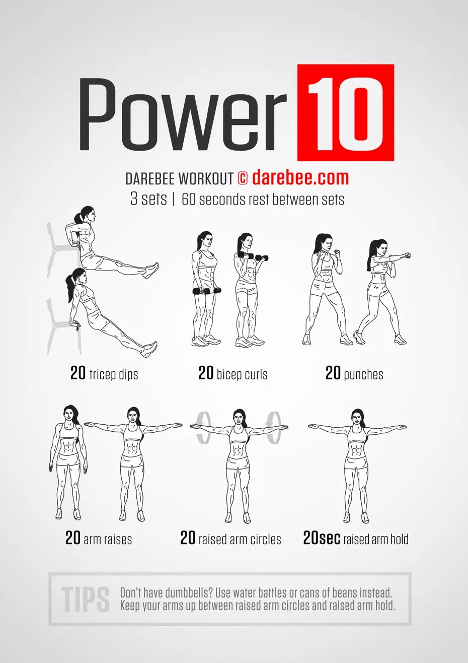 A fitness infographic titled 'Power 10' from Darebee.com, showing six illustrated exercises: tricep dips, bicep curls…