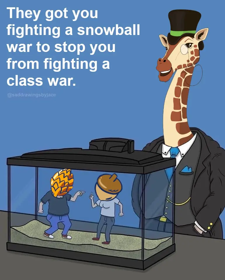 A cartoon giraffe in a top hat and suit stands beside a fish tank. Inside the tank, two figures with pinecone and acorn…