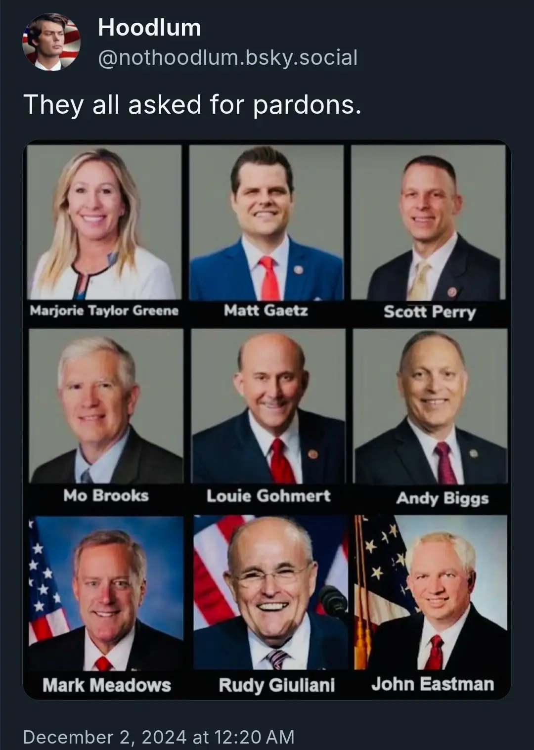 A grid of nine official portraits of U.S. politicians, each labeled with their name, including Marjorie Taylor Greene, Matt…