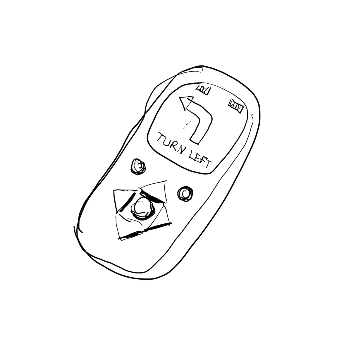 A hand-drawn black-and-white sketch of a handheld gaming device resembling a Game Boy, with a screen showing a left-pointing…