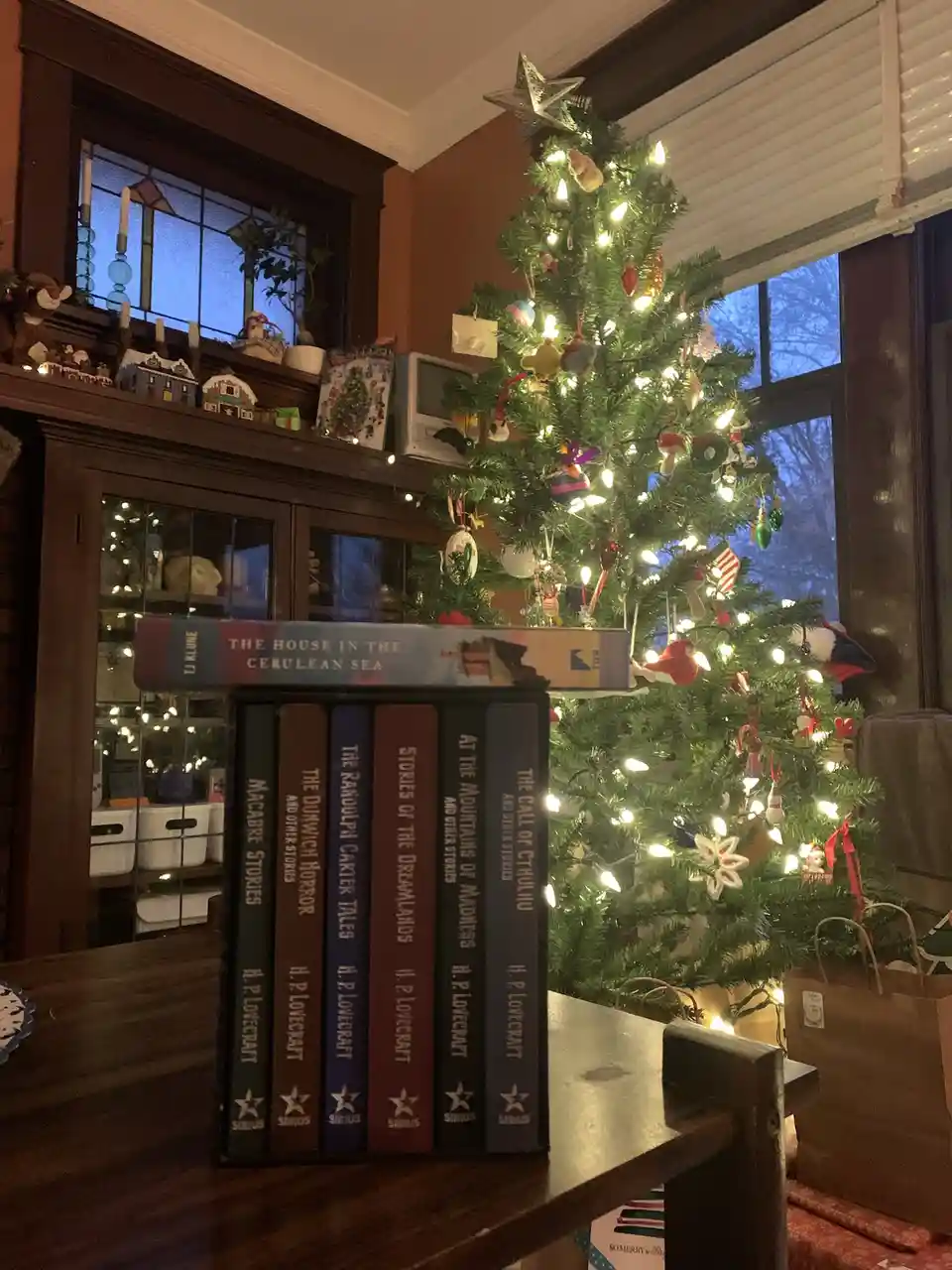 A collection of H.P. Lovecraft books, including 'The House in the Cerulean Sea' and other titles, are stacked upright on a…