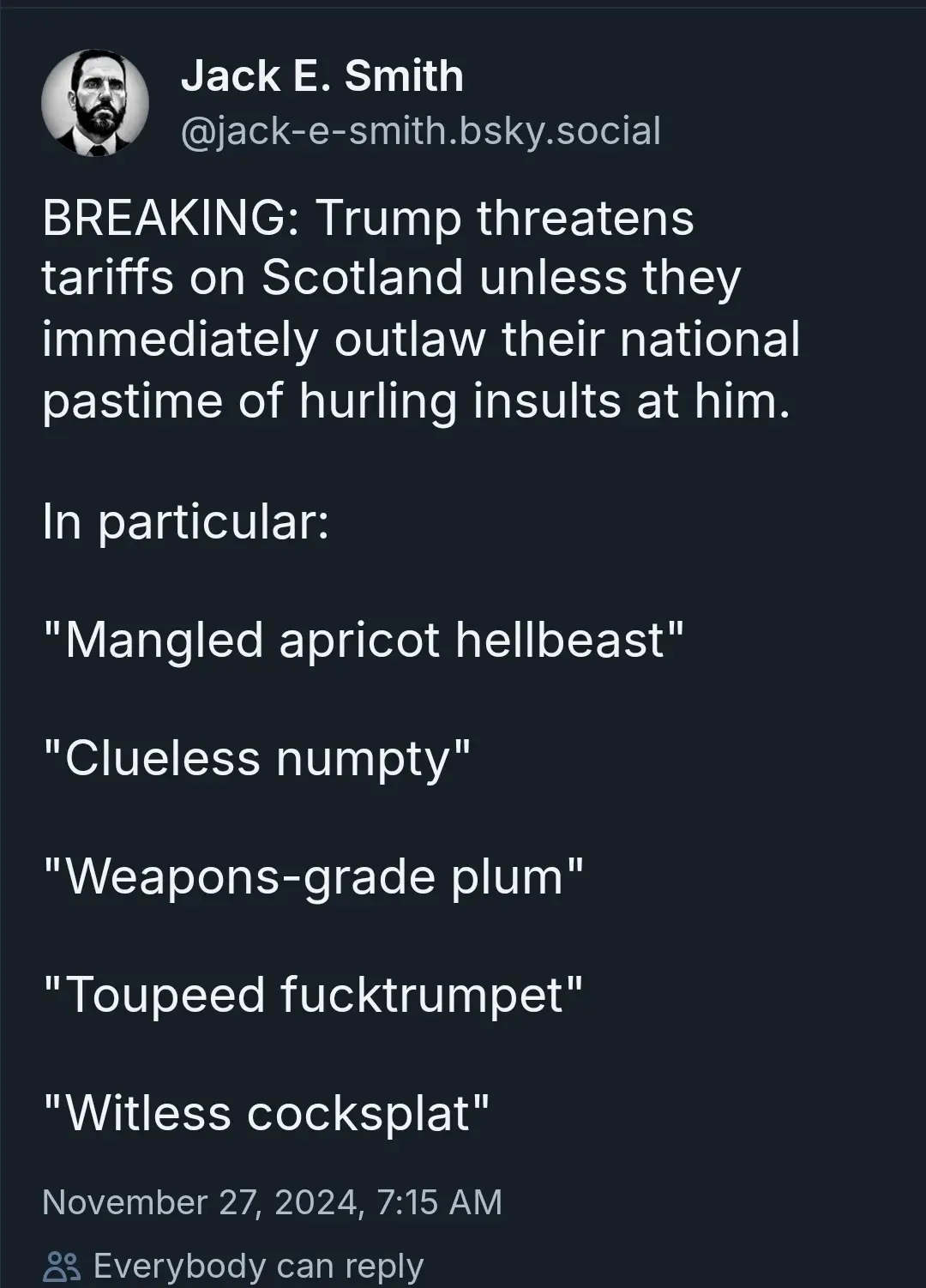 A screenshot of a fictional social media post by 'Jack E. Smith' on a dark-themed platform, styled like a breaking news…