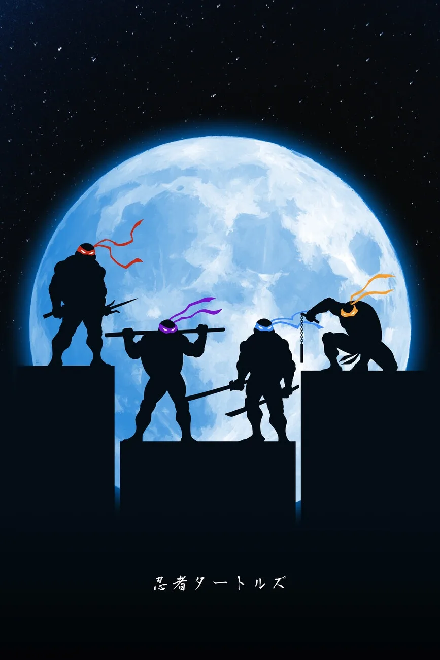 Four ninja turtle silhouettes stand atop platforms against a large blue moon and starry sky, each wearing colored headbands…