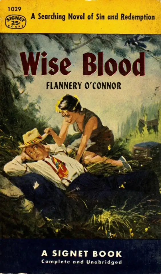 The image is a vintage Signet Books paperback cover for Flannery O'Connor's novel 'Wise Blood'. It depicts a woman in a dark…