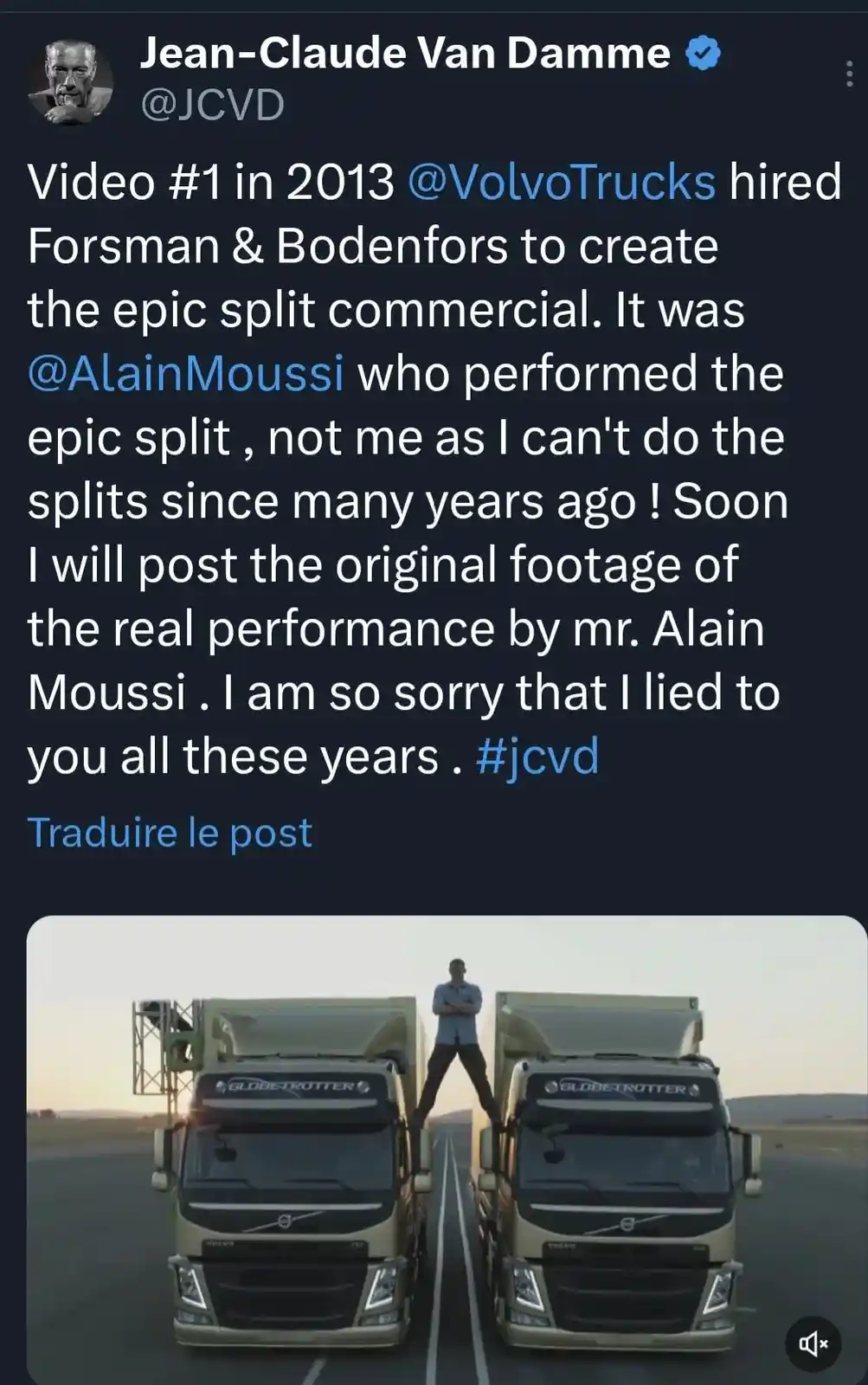 A screenshot of a tweet from Jean-Claude Van Damme where he admits he did not perform the split in a 2013 Volvo Trucks…