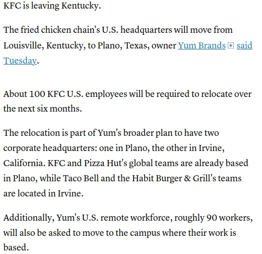 A screenshot of a news article about KFC relocating its U.S. headquarters from Louisville, Kentucky, to Plano, Texas, with…