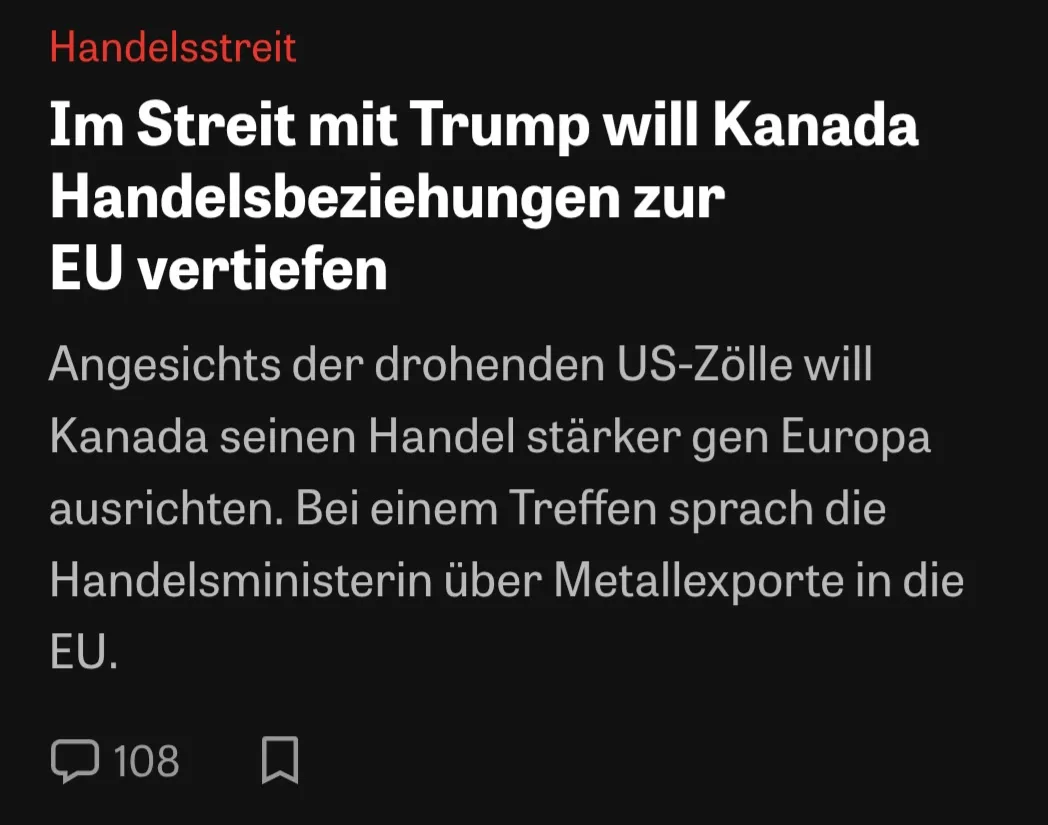 A screenshot of a German news article with a black background and white text, titled 'Im Streit mit Trump will Kanada…
