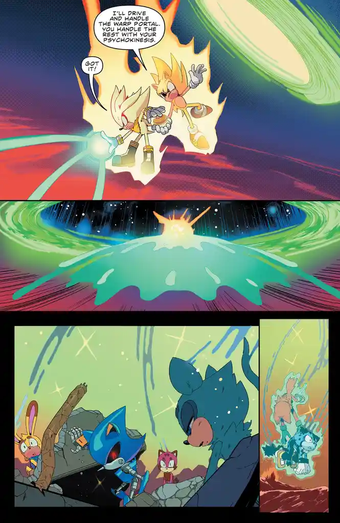 A comic panel shows two golden, flaming hedgehogs in a warp portal, one saying 'I'll drive and handle the warp portal. You…