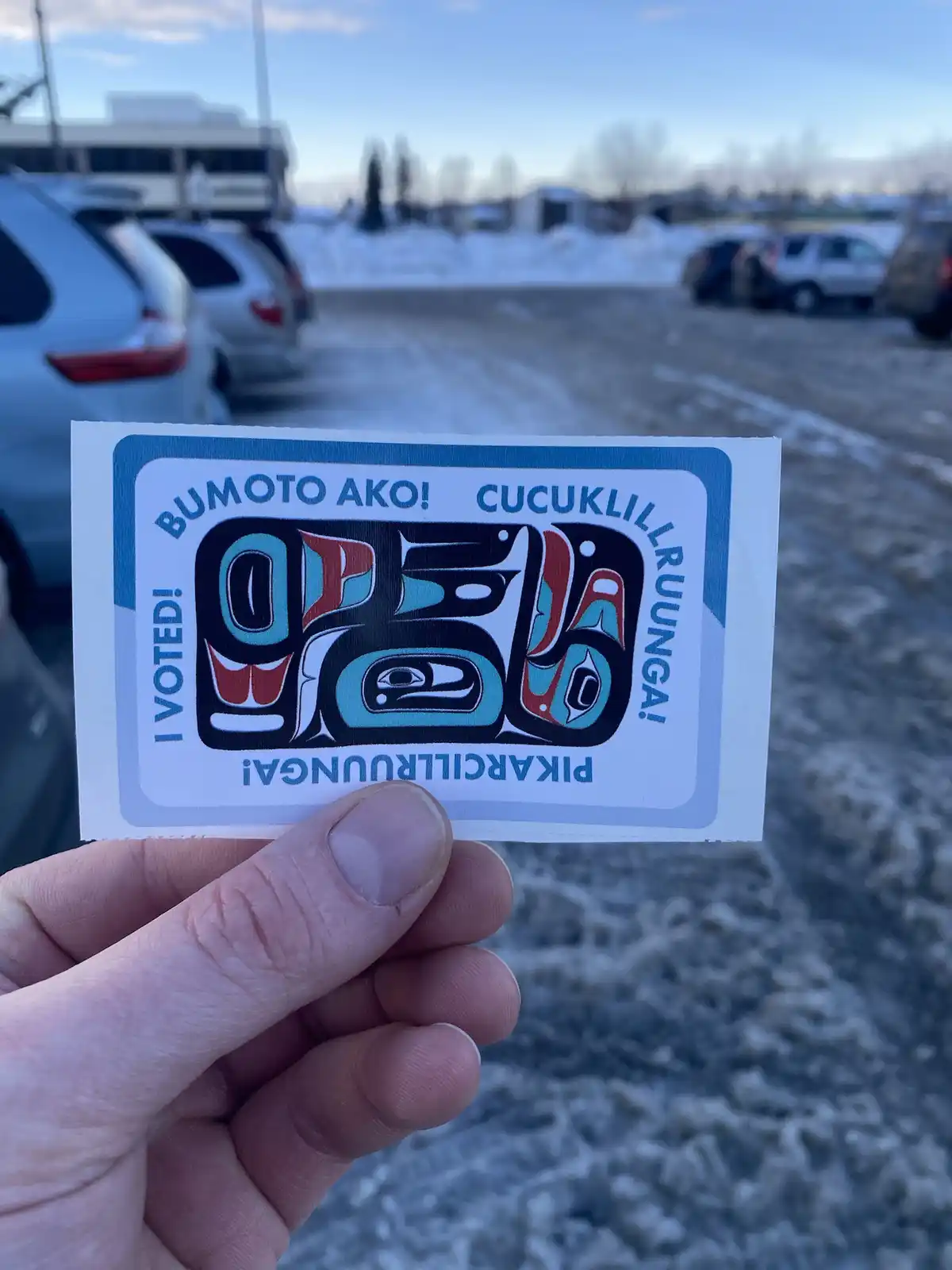 A hand holds up a sticker designed like a license plate, featuring a stylized Indigenous Northwest Coast art design in…