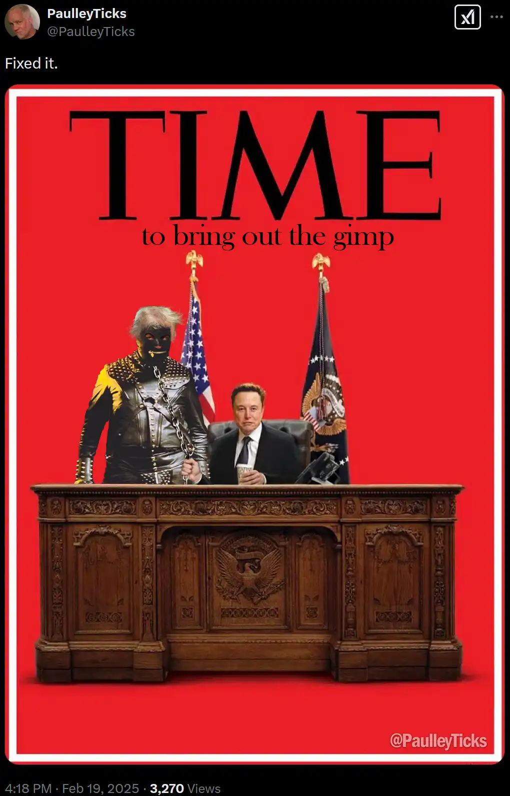 A digitally altered image mimicking a TIME magazine cover features Elon Musk seated at a presidential desk with American…