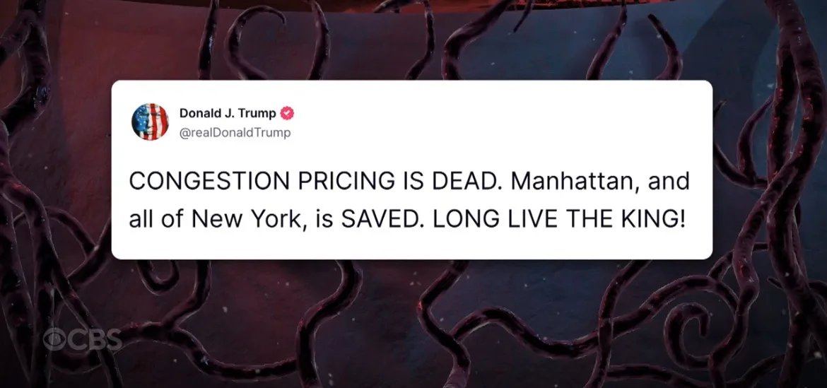 A screenshot of a tweet from Donald J. Trump's verified Twitter account (@realDonaldTrump) is overlaid on a dark, ominous…