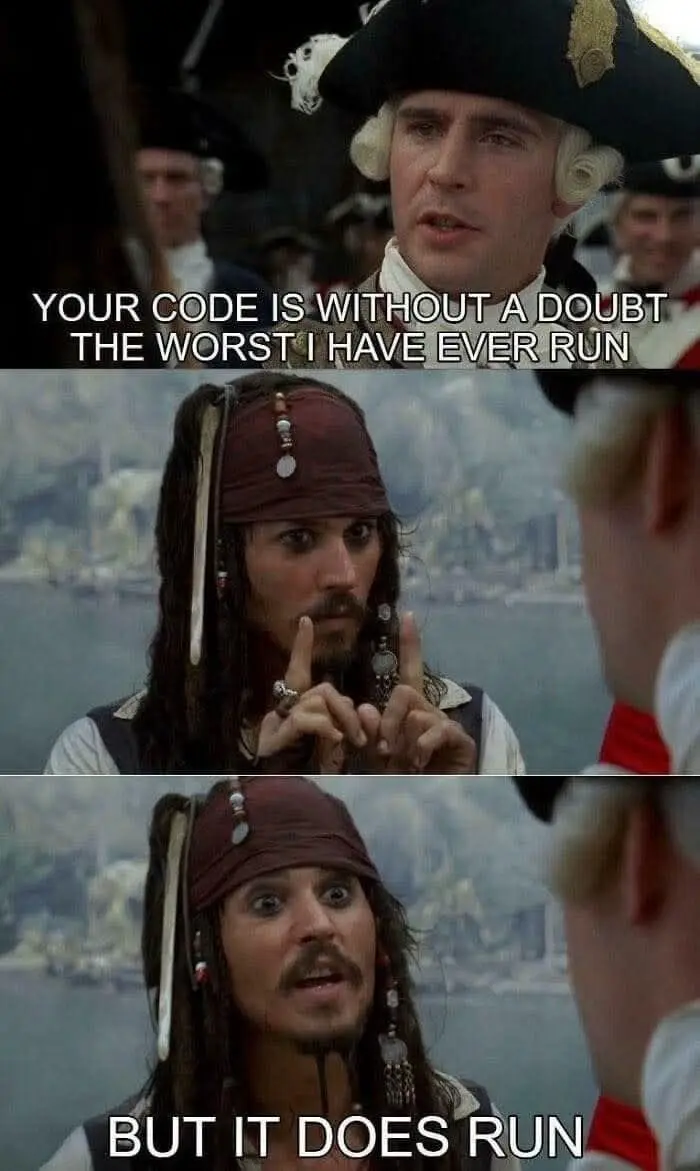 A three-panel meme featuring Captain Barbossa from Pirates of the Caribbean. The top panel shows him speaking with overlaid…
