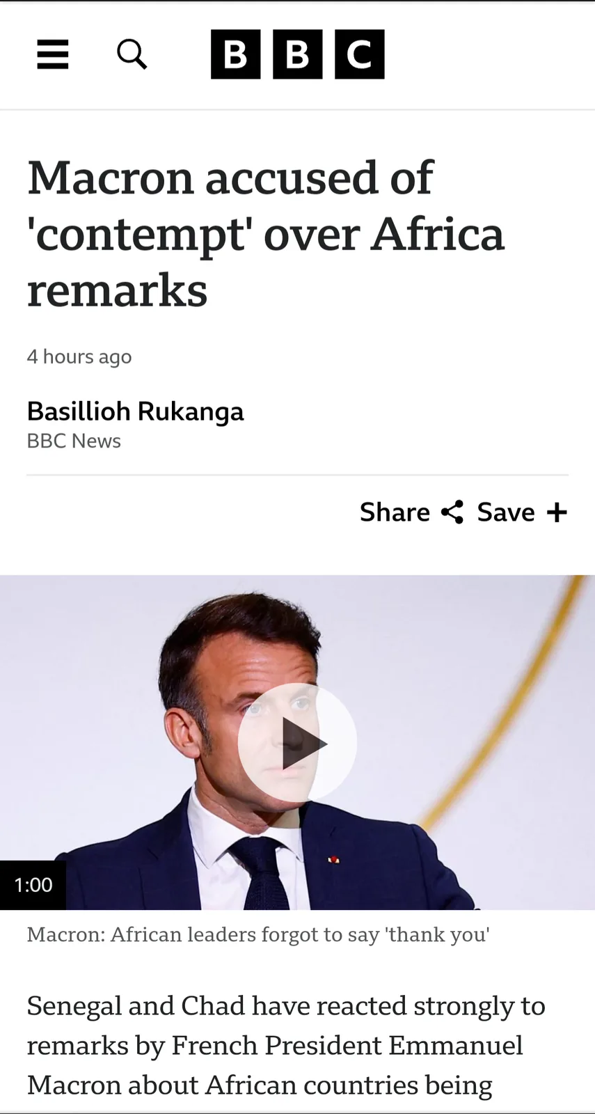 A screenshot of a BBC News article titled 'Macron accused of 'contempt' over Africa remarks' shows a video thumbnail of…