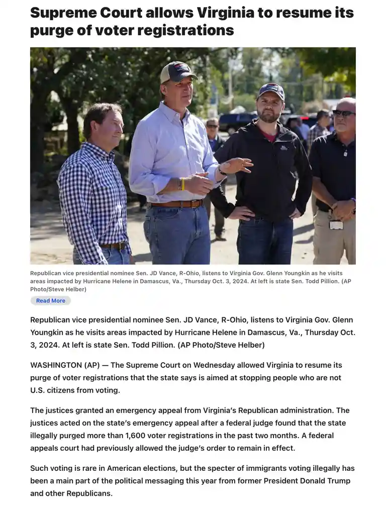 A news article screenshot shows four men outdoors, including JD Vance and Glenn Youngkin, with the headline 'Supreme Court…