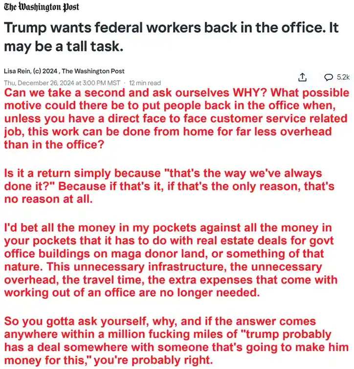 A screenshot of a Washington Post article about Trump wanting federal workers back in the office, overlaid with red text…