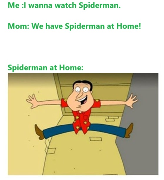 The image shows a cartoon man in a red shirt with stars and blue pants, stretched horizontally across a room with his arms…