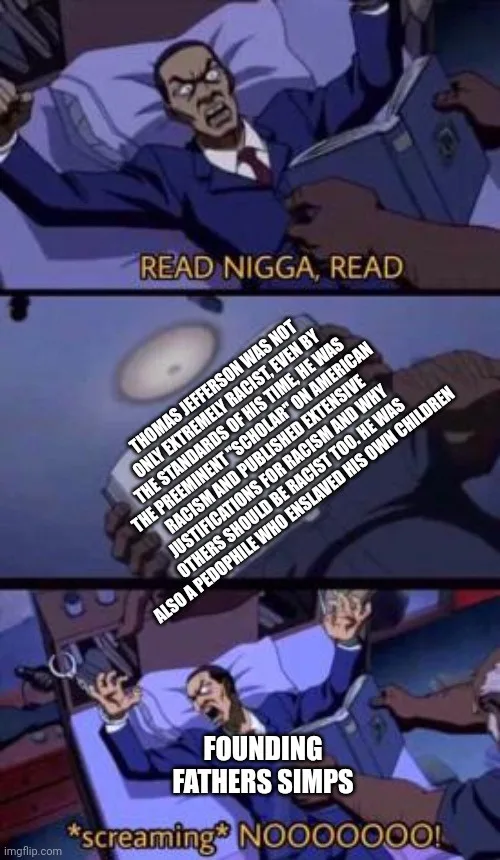 A three-panel meme featuring a cartoon man in a suit screaming in bed as someone forces a book on him. The top panel says…