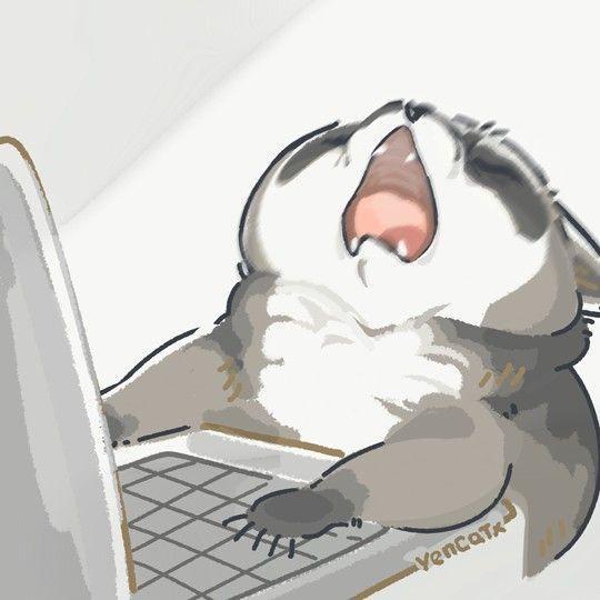 A cartoon cat is lying on its back on a laptop keyboard, yawning widely with its mouth open. The cat's paws are resting on…