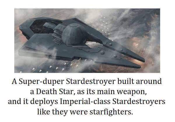 The image shows a large, dark grey spaceship with a spherical Death Star embedded in its center, flying through a cloudy or…