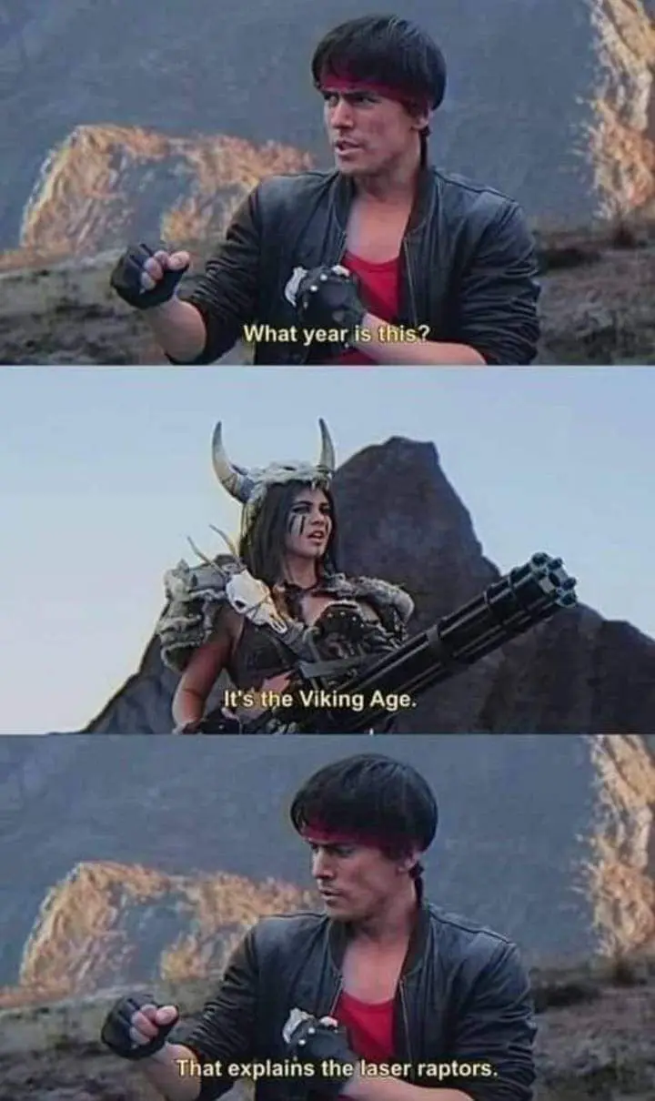 A three-panel meme featuring a man in a leather jacket and red headband asking 'What year is this?' A woman in Viking armor…