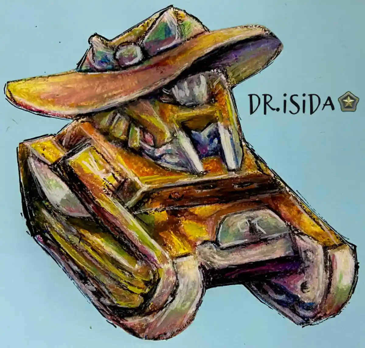 A colorful, abstract crayon-style drawing depicts a stylized, blocky figure wearing a wide-brimmed hat and sunglasses, set…