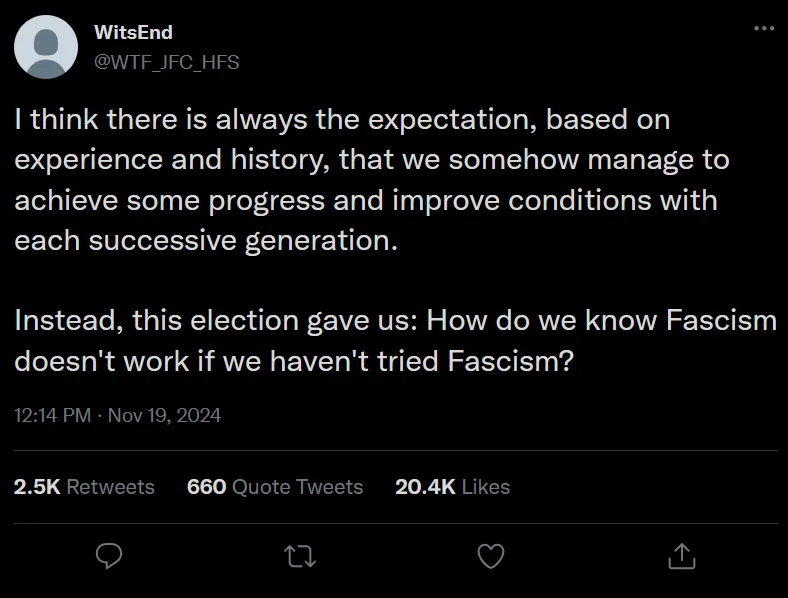 A screenshot of a tweet from user WitsEnd (@WTF_JFC_HFS) dated November 19, 2024, displaying white text on a black…