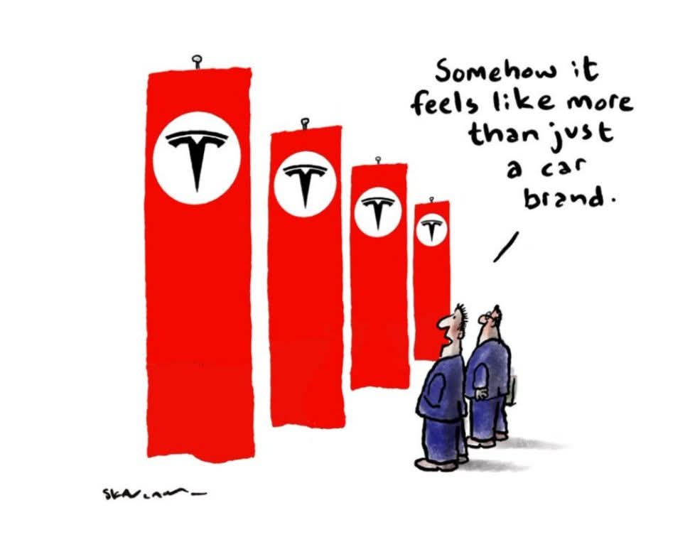 Two cartoon men in blue suits stand before four red vertical banners, each displaying the Tesla logo in a white circle. The…
