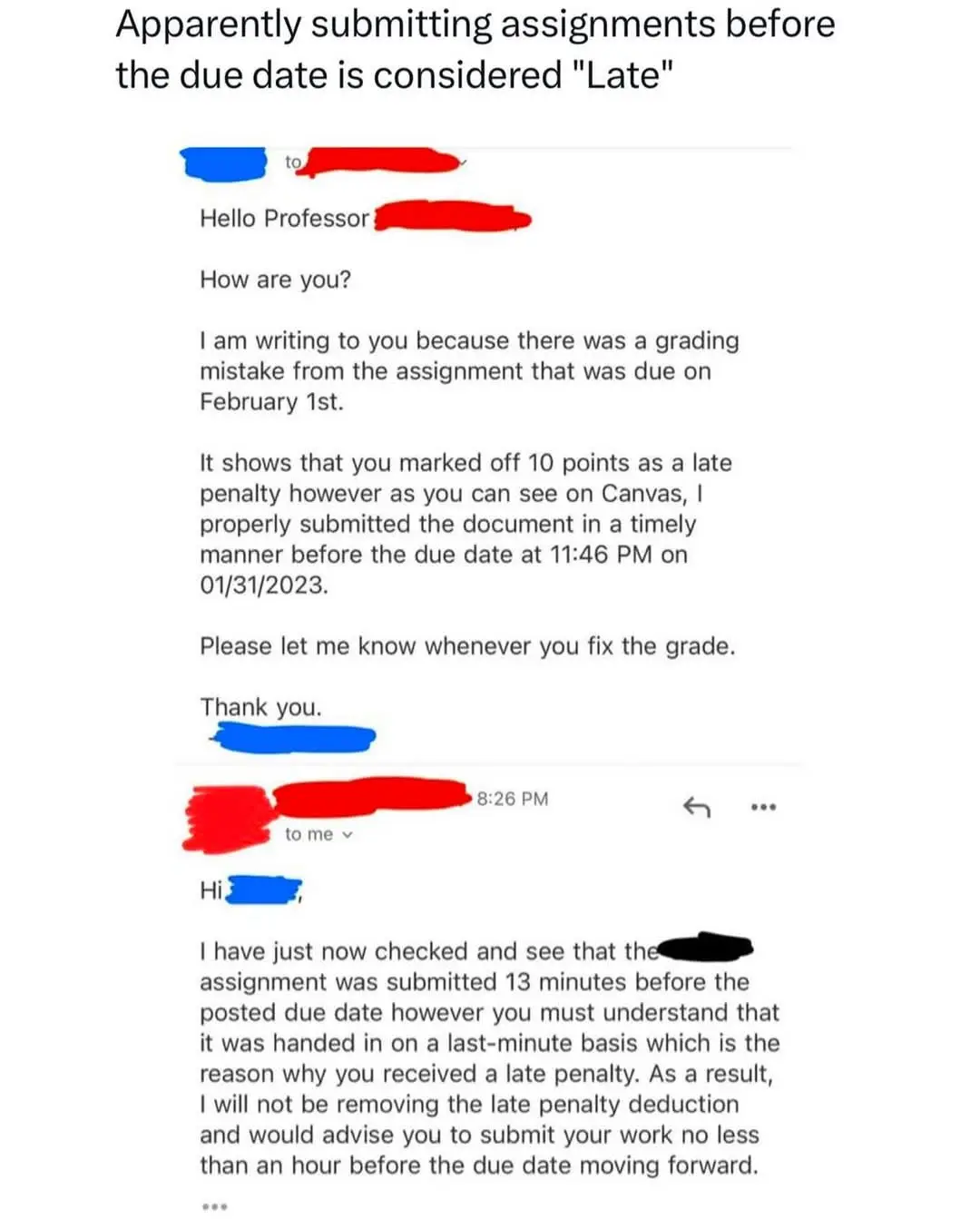 An email exchange shows a student arguing that they submitted an assignment before the due date on 01/31/2023 at 11:46 PM…