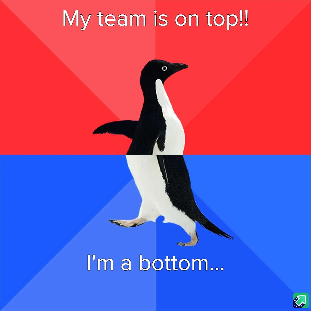A penguin is split vertically down the middle, with the top half against a red background and the bottom half against a blue…