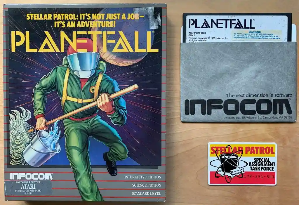 The image displays the box art for the 1983 Infocom interactive fiction game 'Planetfall' for Atari, featuring a space…