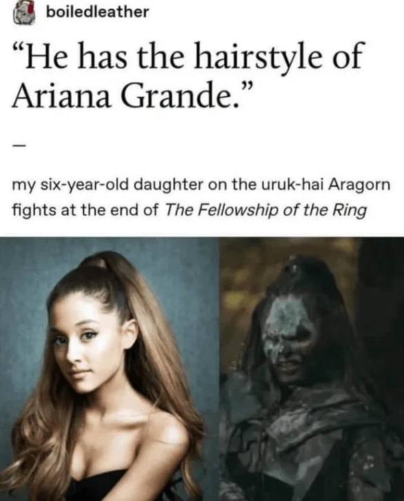 The image displays two side-by-side photos: on the left, Ariana Grande with her signature high ponytail hairstyle, and on…