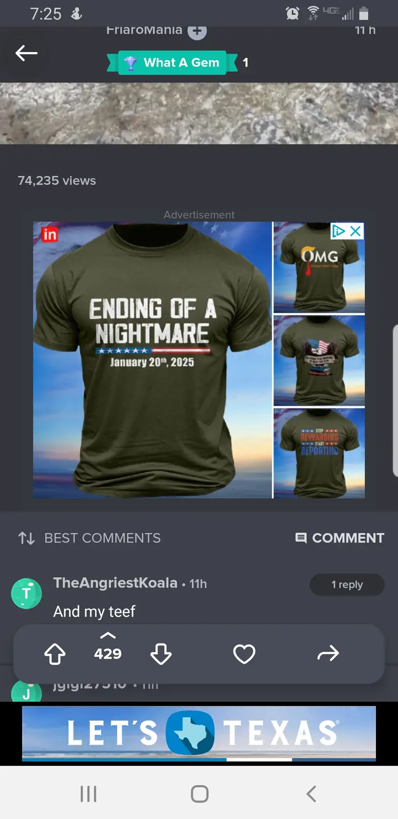 A screenshot of a social media post showing a green t-shirt with the text 'ENDING OF A NIGHTMARE January 20th, 2025' printed…