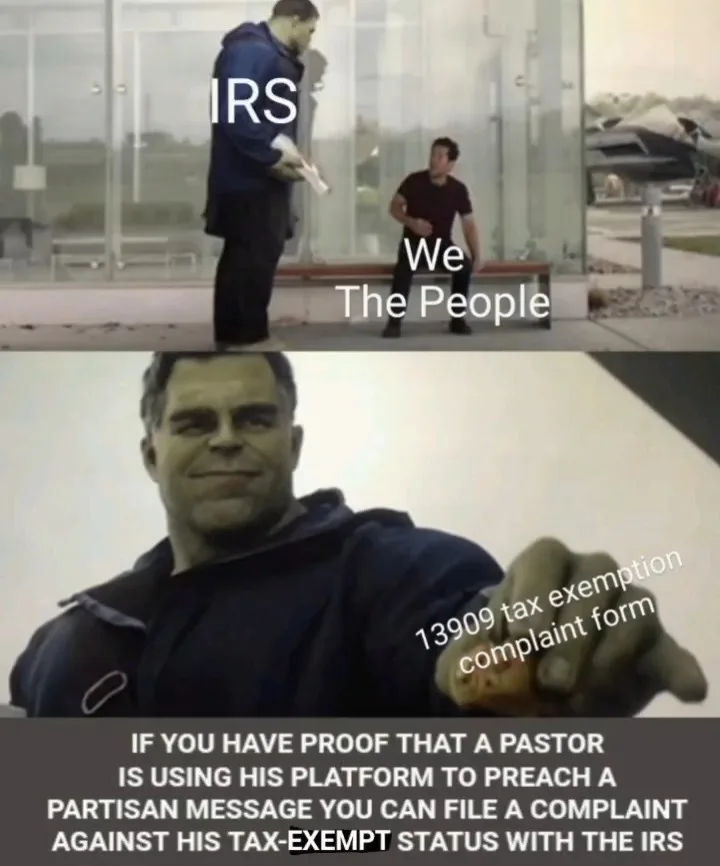 The top panel shows a man labeled 'IRS' standing over another man labeled 'We The People' outside a glass building. The…