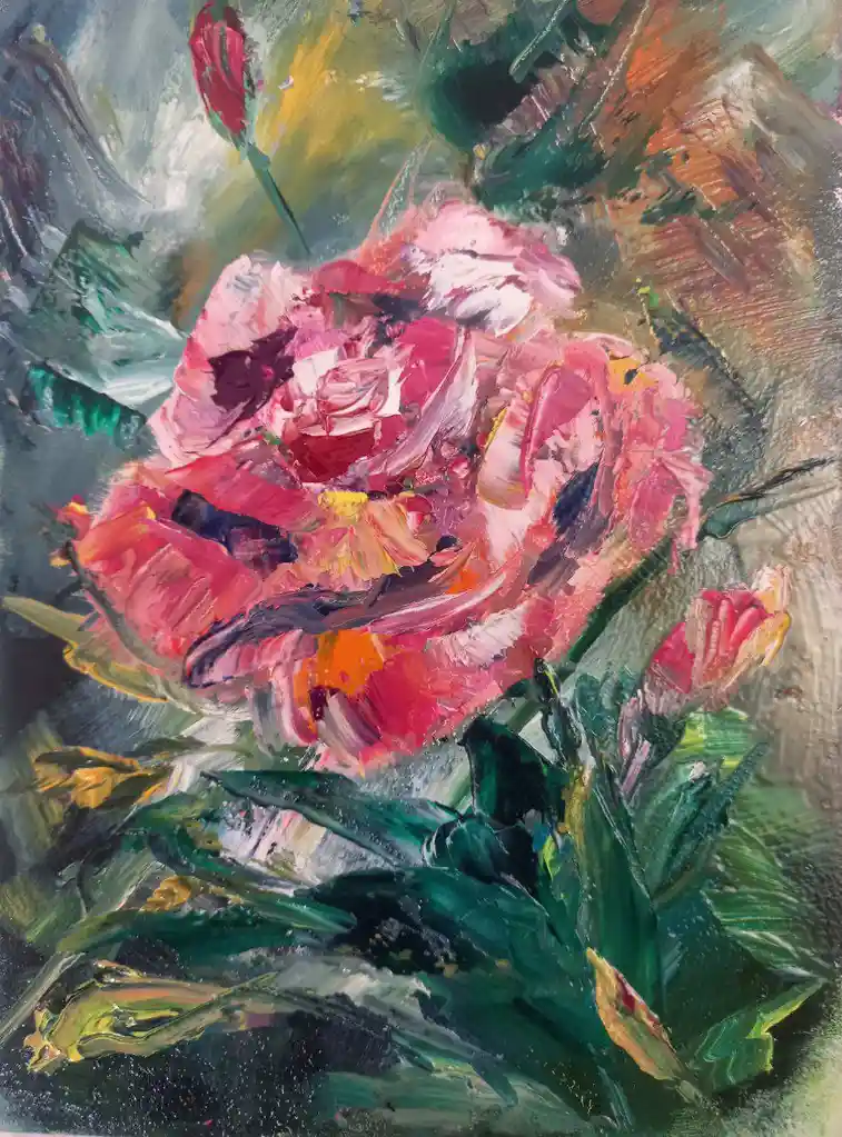 A thickly painted, impressionistic oil painting of a large, vibrant pink rose with visible brushstrokes, surrounded by green…