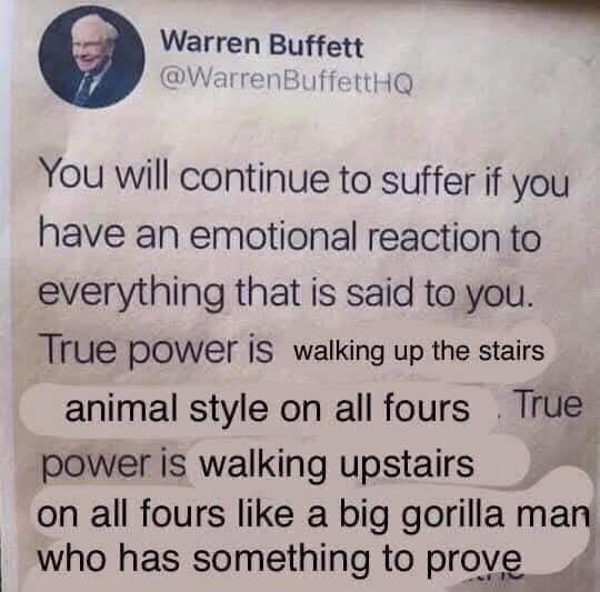 A screenshot of a tweet attributed to Warren Buffett shows a quote about emotional reactions and true power. The text is…