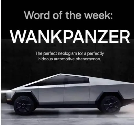 A silver, angular, futuristic-looking Tesla Cybertruck is shown in profile against a dark background. Overlaid white text…