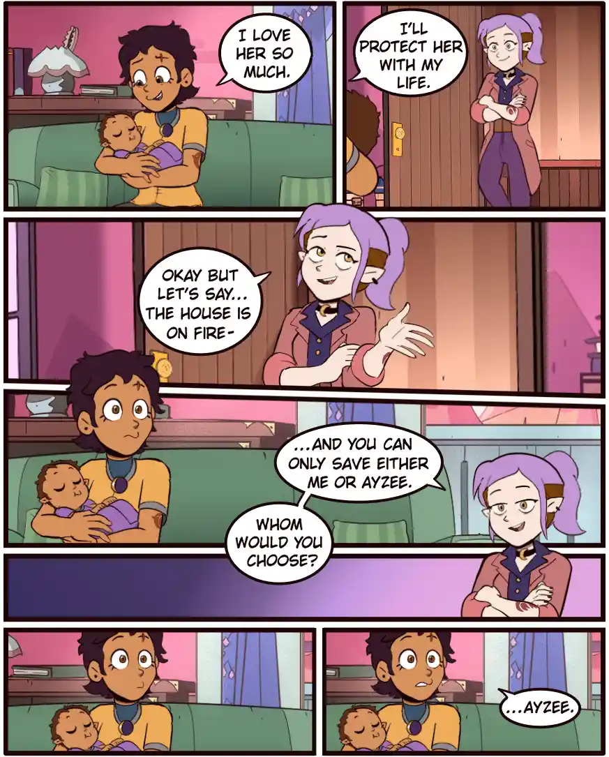 A comic strip shows a man holding a baby while a woman asks him to choose between saving her or the baby in a fire. The man…
