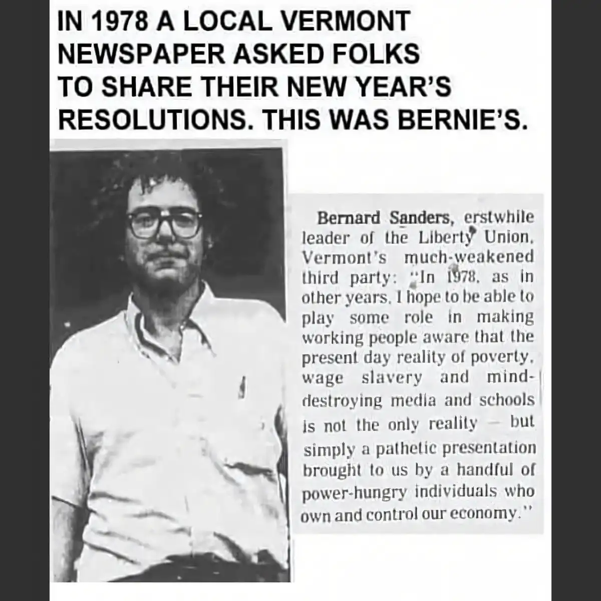 A black-and-white newspaper clipping from 1978 shows a photo of Bernie Sanders alongside his New Year's resolution, which he…