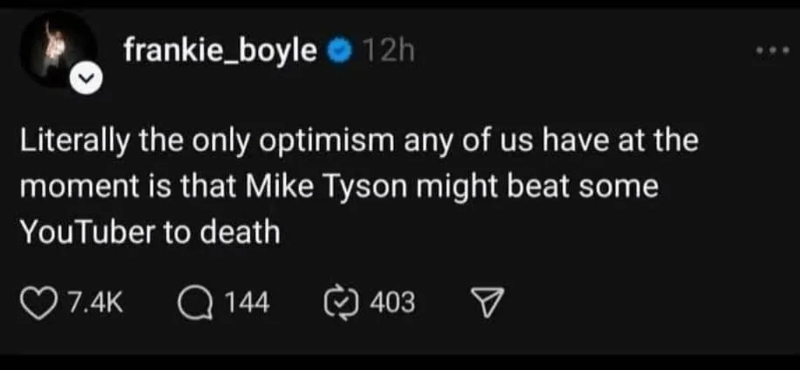 A screenshot of a social media post by user frankie_boyle, showing a dark-themed interface with white text. The post reads…