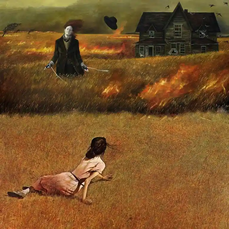 A painting depicts a young girl crawling desperately across a field toward a burning house, while a calm, formally dressed…