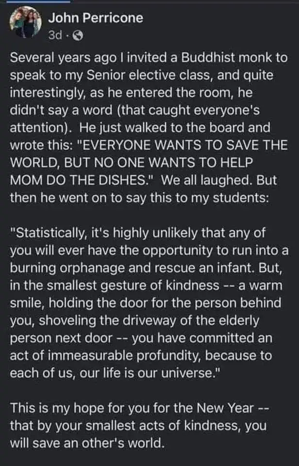 A screenshot of a social media post by John Perricone detailing a Buddhist monk's speech to his senior class. The monk wrote…
