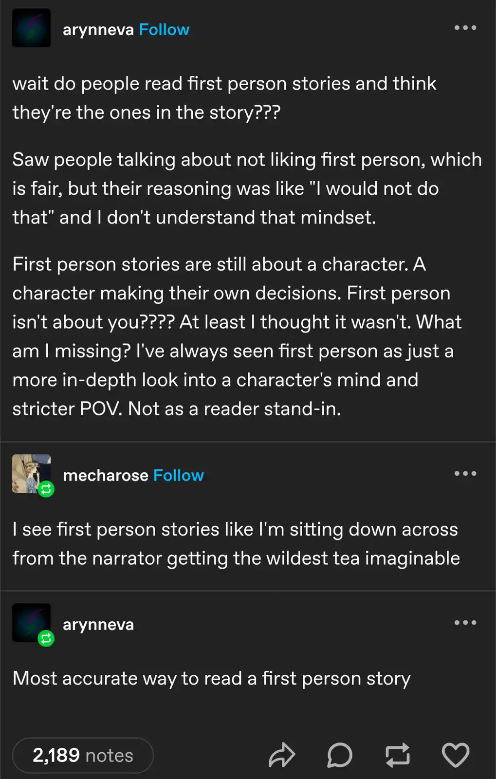 A screenshot of a social media thread where user 'arynneva' questions why people dislike first-person stories, arguing…