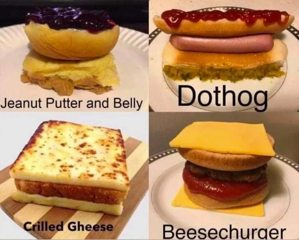 A four-panel image displays absurdly named food items: a jelly-topped sandwich labeled 'Jeanut Putter and Belly,' a hot dog…