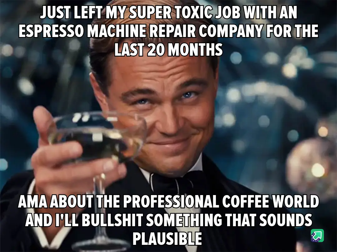 A man in a tuxedo holding a champagne glass smiles smugly while overlaid text reads 'JUST LEFT MY SUPER TOXIC JOB WITH AN…