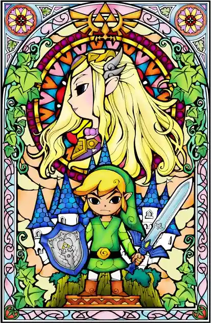 A stylized stained glass window depicts Link in green tunic holding a sword and shield, standing before a castle, with Zelda…