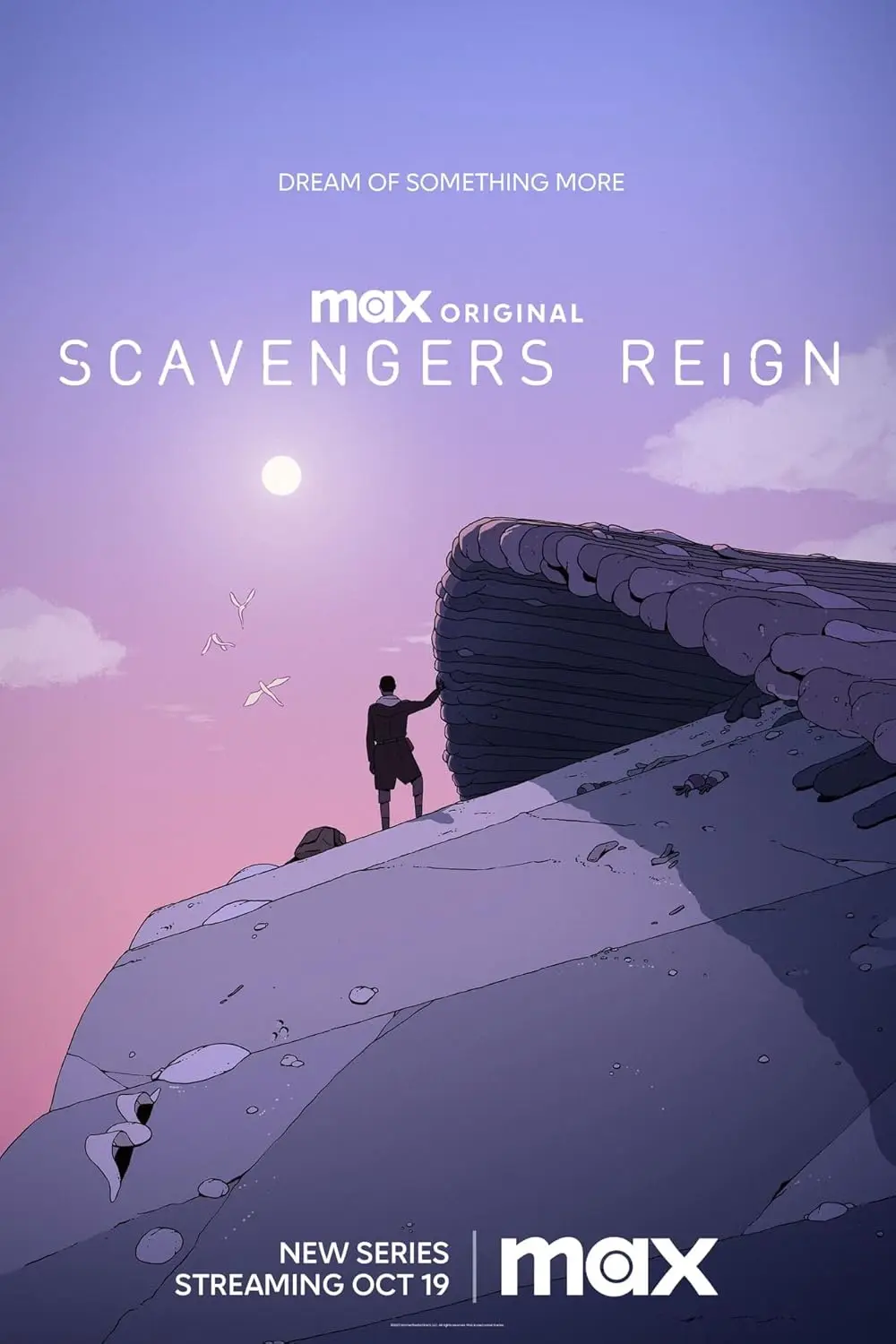 An anime-style promotional poster for 'Scavengers Reign' on Max, showing a lone figure standing on a rocky cliff at sunset…