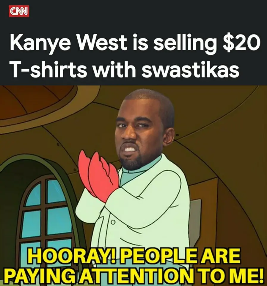The image shows a cartoon depiction of Kanye West in a light green lab coat, holding a red flower, with a background…