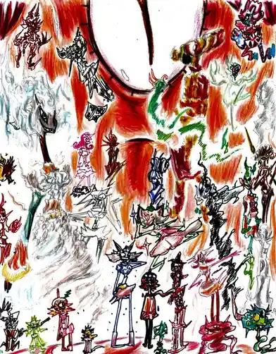A chaotic, colorful crayon drawing depicts numerous stylized, cartoonish characters in various poses and outfits, some…