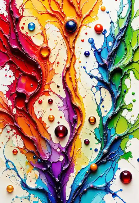 A vibrant abstract painting shows colorful, viscous paint streams resembling tree branches, with glossy, multicolored…